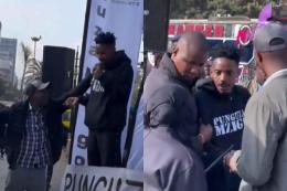 Collage photo of Eric Omondi being arrested in Nairobi CBD.